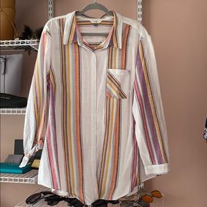 NWOT Terra & Sky Button Down Rainbow Stripe Linen Blouse